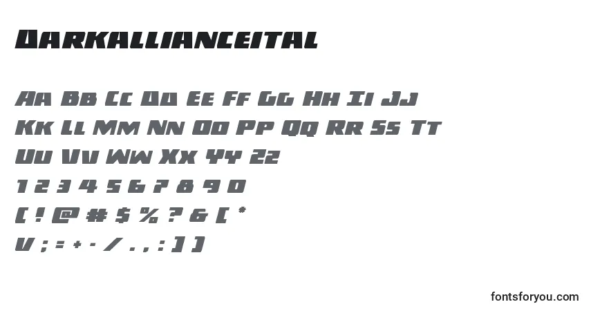 Schriftart Darkallianceital – Alphabet, Zahlen, spezielle Symbole
