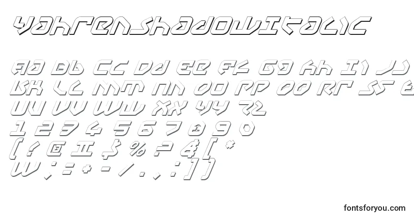 A fonte YahrenShadowItalic – alfabeto, números, caracteres especiais
