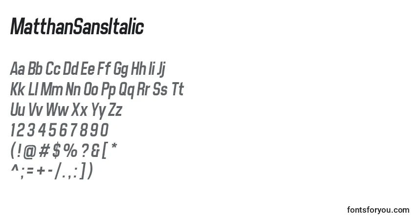 A fonte MatthanSansItalic – alfabeto, números, caracteres especiais