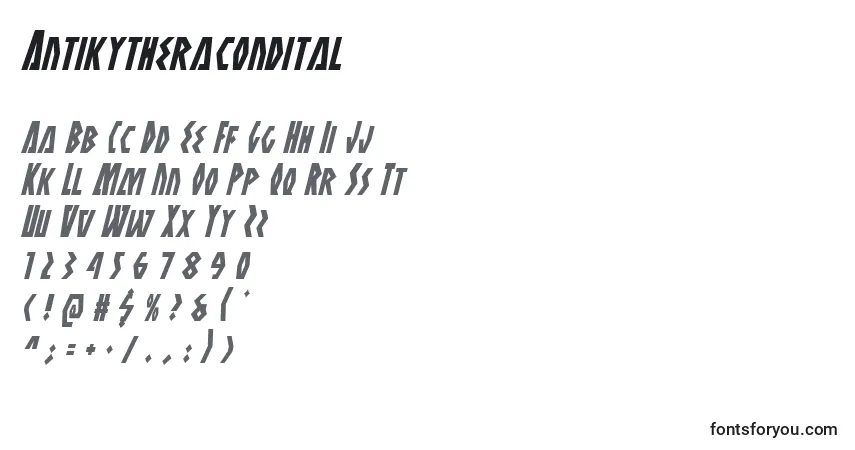 A fonte Antikytheracondital – alfabeto, números, caracteres especiais