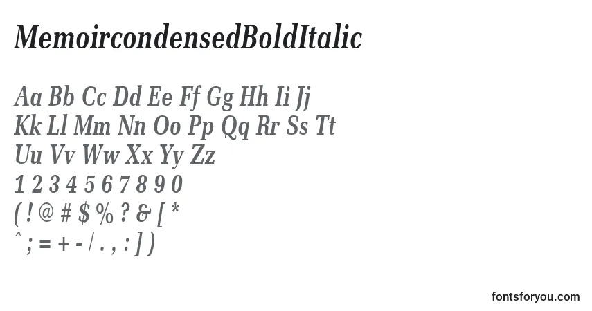 A fonte MemoircondensedBoldItalic – alfabeto, números, caracteres especiais