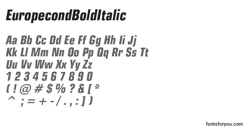 Czcionka EuropecondBoldItalic – alfabet, cyfry, specjalne znaki