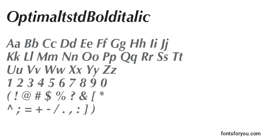 Czcionka OptimaltstdBolditalic – alfabet, cyfry, specjalne znaki