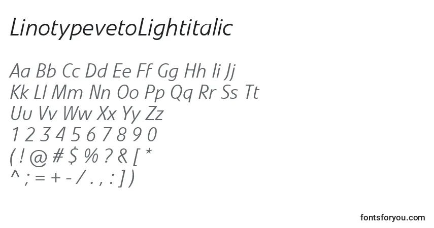 Шрифт LinotypevetoLightitalic – алфавит, цифры, специальные символы