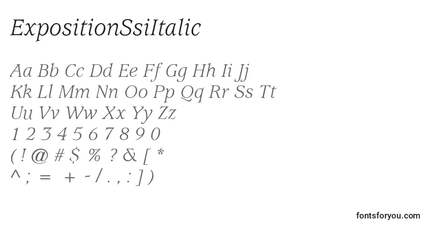 A fonte ExpositionSsiItalic – alfabeto, números, caracteres especiais
