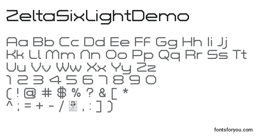 Шрифт ZeltaSixLightDemo – алфавит, цифры, специальные символы