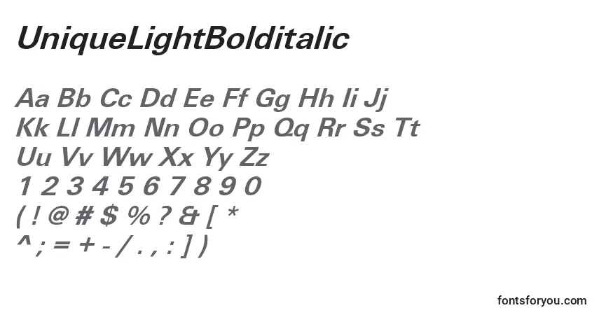 Шрифт UniqueLightBolditalic – алфавит, цифры, специальные символы