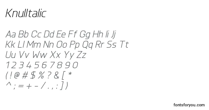 A fonte KnulItalic – alfabeto, números, caracteres especiais
