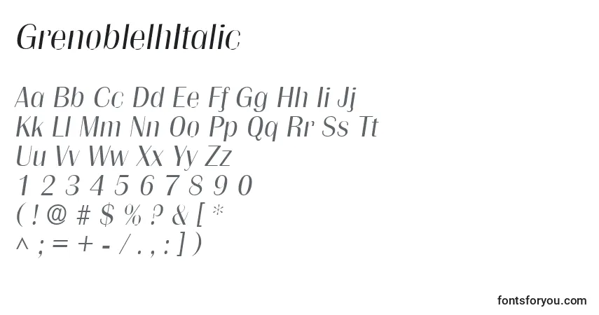 Czcionka GrenoblelhItalic – alfabet, cyfry, specjalne znaki