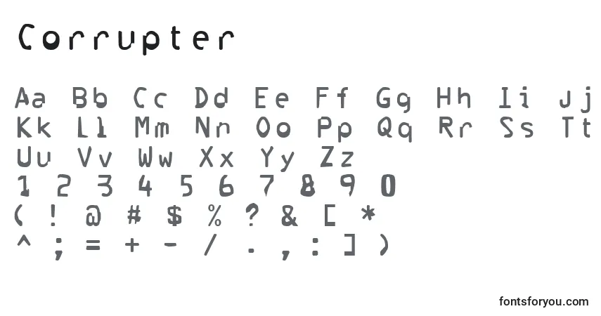 A fonte Corrupter – alfabeto, números, caracteres especiais