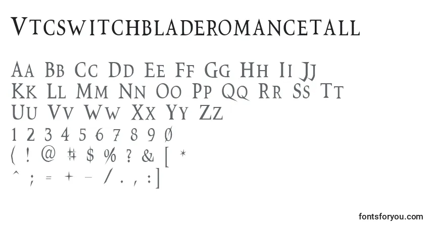 A fonte Vtcswitchbladeromancetall – alfabeto, números, caracteres especiais