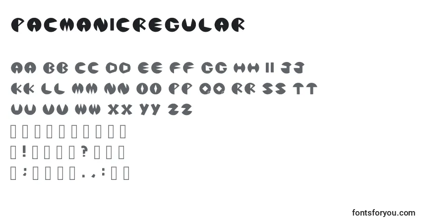 Czcionka PacmanicRegular – alfabet, cyfry, specjalne znaki