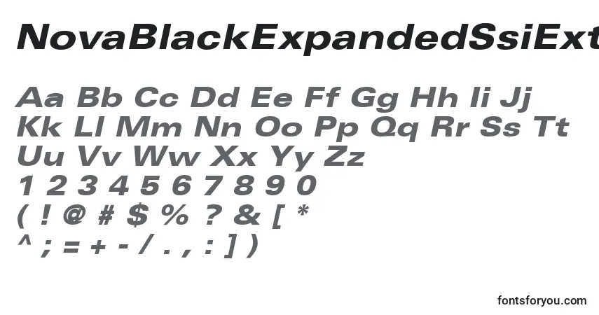 Czcionka NovaBlackExpandedSsiExtraBoldExpandedItalic – alfabet, cyfry, specjalne znaki