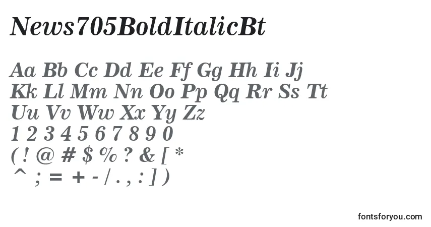 A fonte News705BoldItalicBt – alfabeto, números, caracteres especiais