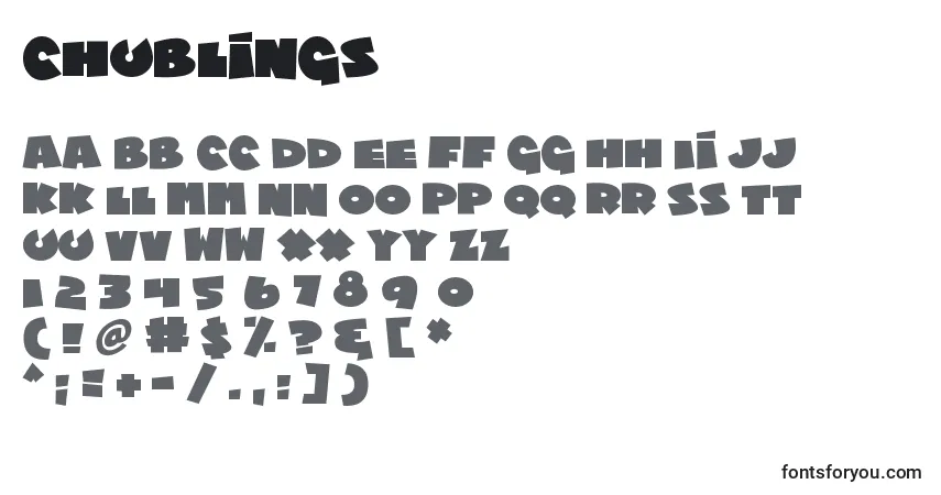 Schriftart Chublings (49660) – Alphabet, Zahlen, spezielle Symbole