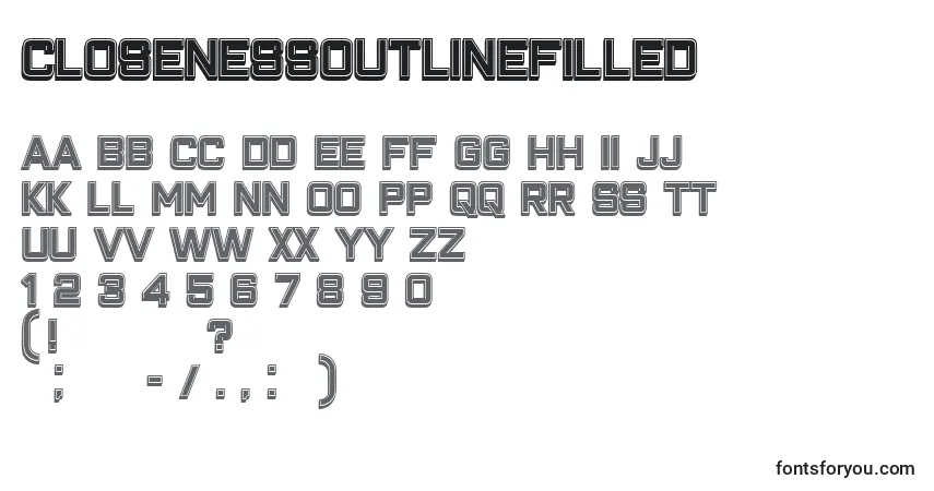Czcionka ClosenessOutlineFilled – alfabet, cyfry, specjalne znaki