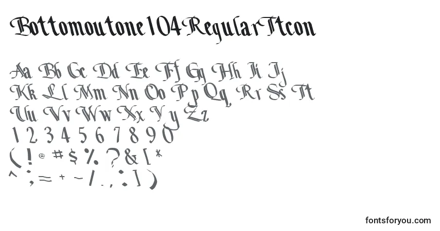 Czcionka Bottomoutone104RegularTtcon – alfabet, cyfry, specjalne znaki