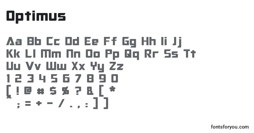 A fonte Optimus – alfabeto, números, caracteres especiais
