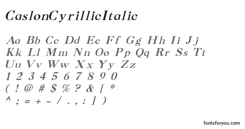 A fonte CaslonCyrillicItalic – alfabeto, números, caracteres especiais