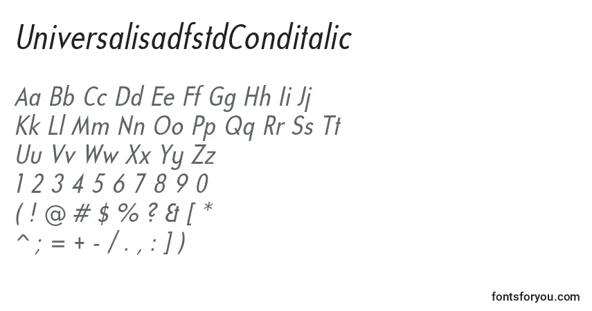 characters of universalisadfstdconditalic font, letter of universalisadfstdconditalic font, alphabet of  universalisadfstdconditalic font