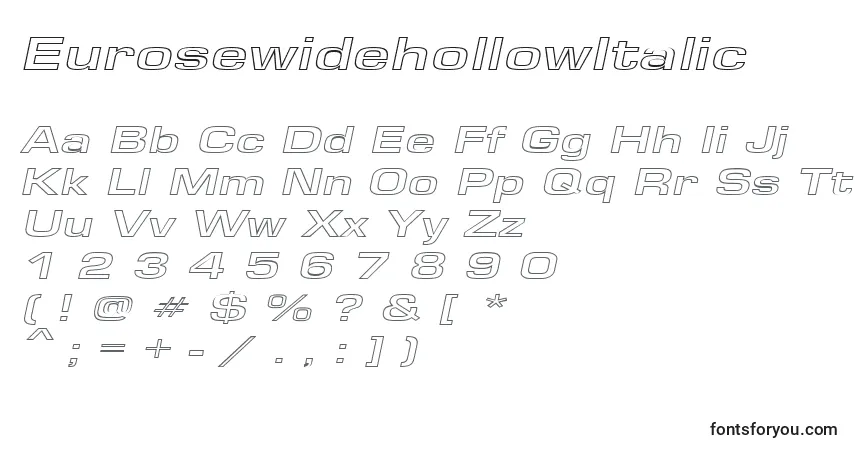 Czcionka EurosewidehollowItalic – alfabet, cyfry, specjalne znaki