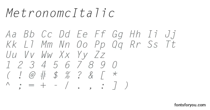 A fonte MetronomcItalic – alfabeto, números, caracteres especiais