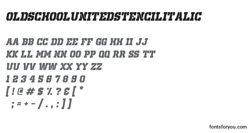 Schriftart OldSchoolUnitedStencilItalic – Alphabet, Zahlen, spezielle Symbole