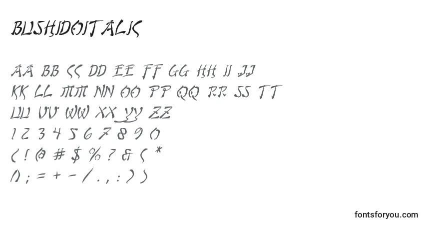 Schriftart BushidoItalic – Alphabet, Zahlen, spezielle Symbole