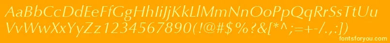OptimaLtItalic-Schriftart – Gelbe Schriften auf orangefarbenem Hintergrund