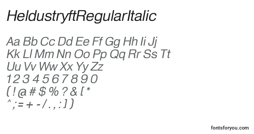 A fonte HeldustryftRegularItalic – alfabeto, números, caracteres especiais