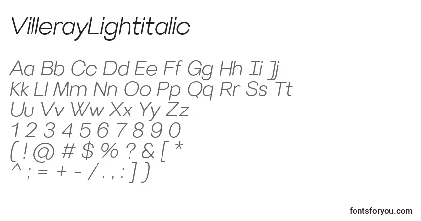 Czcionka VillerayLightitalic – alfabet, cyfry, specjalne znaki