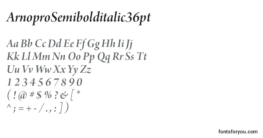 Шрифт ArnoproSemibolditalic36pt – алфавит, цифры, специальные символы