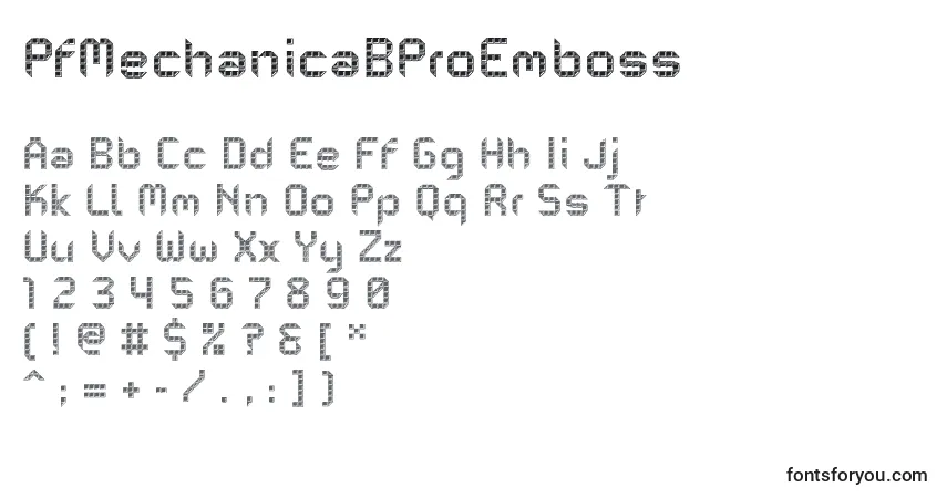 A fonte PfMechanicaBProEmboss – alfabeto, números, caracteres especiais