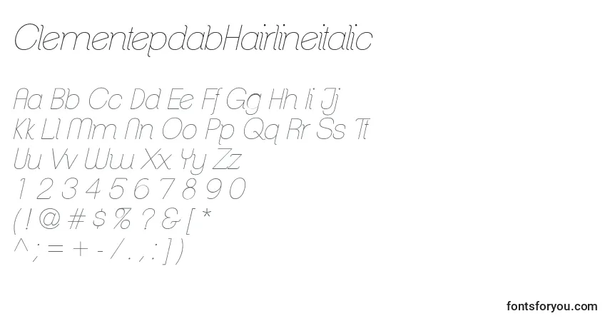 A fonte ClementepdabHairlineitalic – alfabeto, números, caracteres especiais