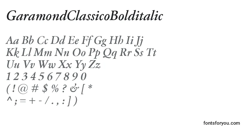 Czcionka GaramondClassicoBolditalic – alfabet, cyfry, specjalne znaki