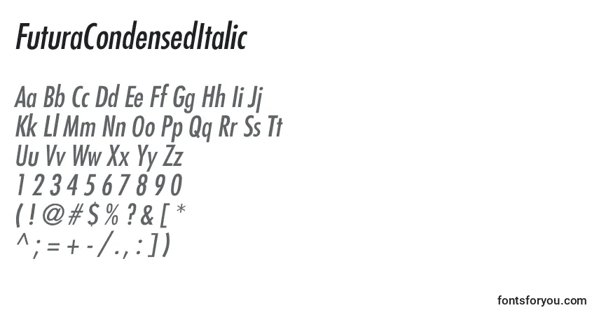 Schriftart FuturaCondensedItalic – Alphabet, Zahlen, spezielle Symbole