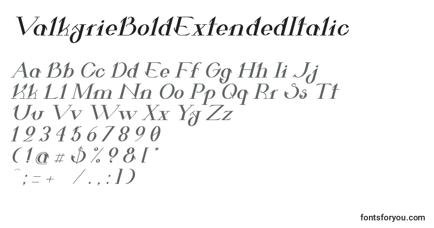A fonte ValkyrieBoldExtendedItalic – alfabeto, números, caracteres especiais