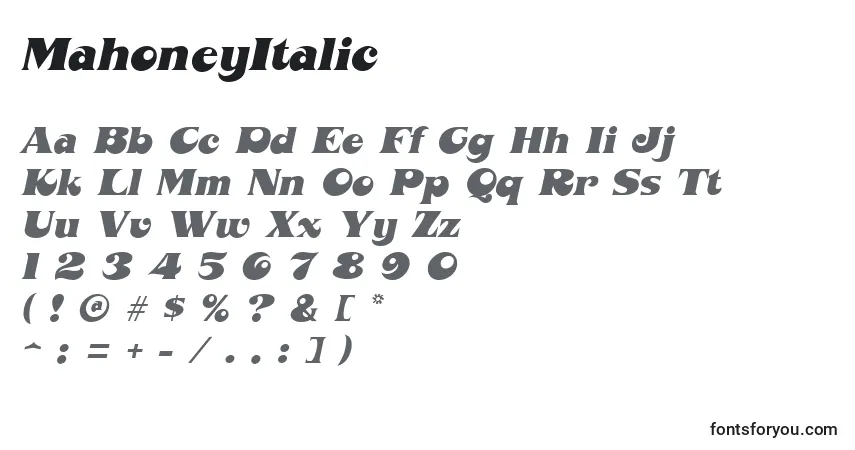 Czcionka MahoneyItalic – alfabet, cyfry, specjalne znaki