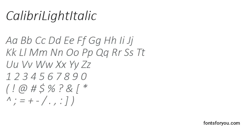 A fonte CalibriLightItalic – alfabeto, números, caracteres especiais