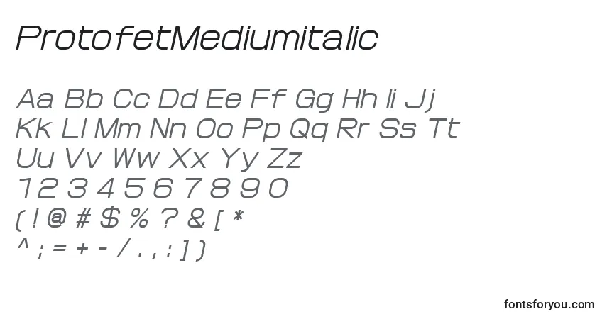 A fonte ProtofetMediumitalic – alfabeto, números, caracteres especiais