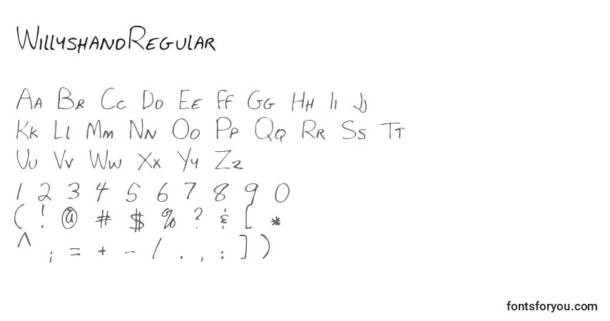 characters of willyshandregular font, letter of willyshandregular font, alphabet of  willyshandregular font