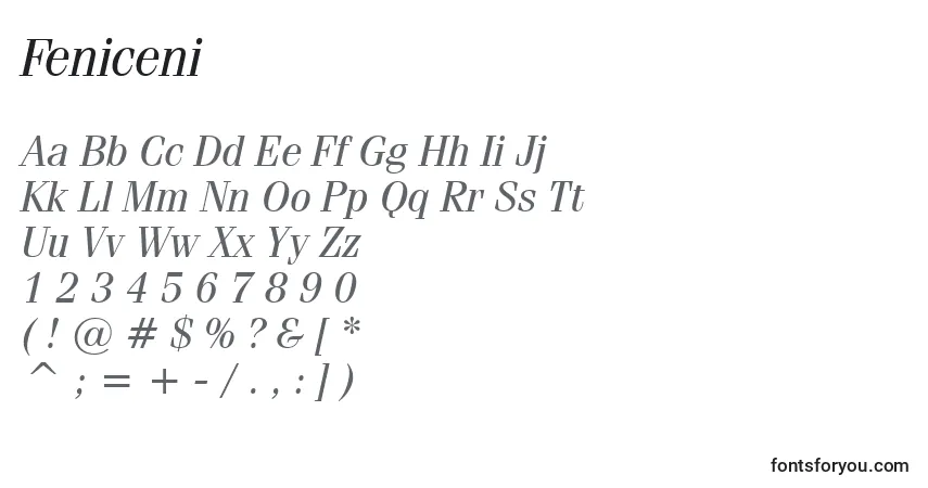 characters of feniceni font, letter of feniceni font, alphabet of  feniceni font