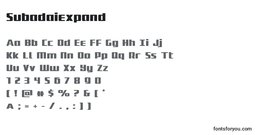 Czcionka Subadaiexpand – alfabet, cyfry, specjalne znaki