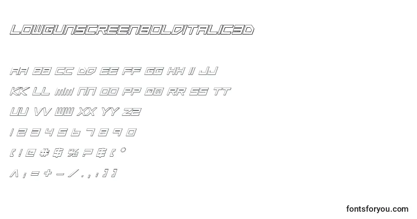 A fonte LowGunScreenBoldItalic3D – alfabeto, números, caracteres especiais
