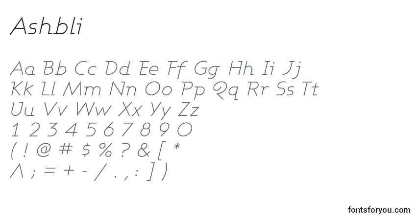 Czcionka Ashbli – alfabet, cyfry, specjalne znaki