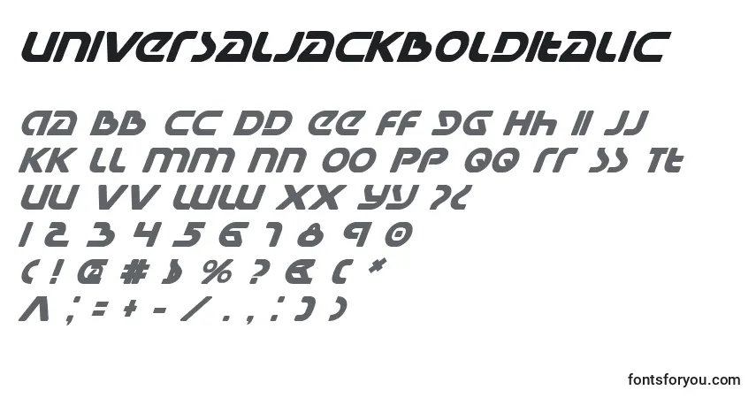 characters of universaljackbolditalic font, letter of universaljackbolditalic font, alphabet of  universaljackbolditalic font