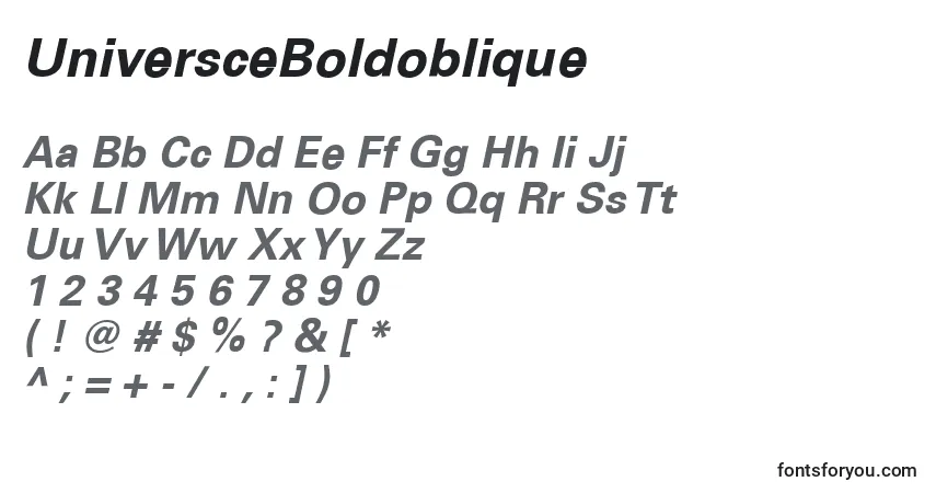 Czcionka UniversceBoldoblique – alfabet, cyfry, specjalne znaki