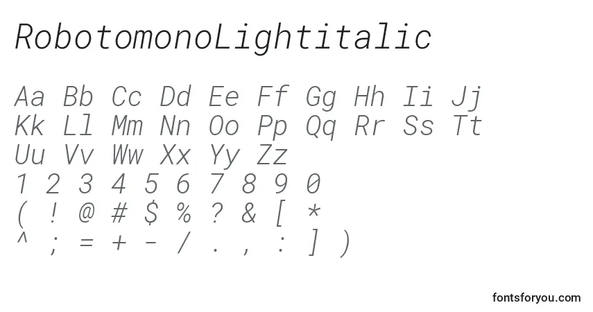 RobotomonoLightitalicフォント–アルファベット、数字、特殊文字