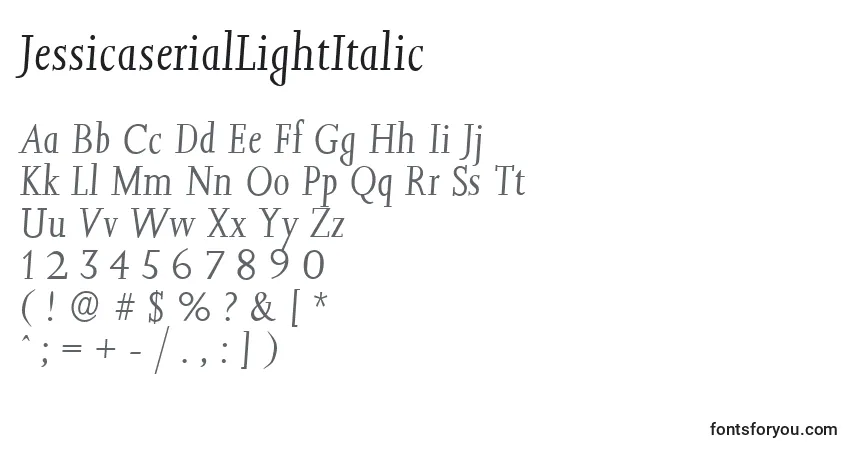 Schriftart JessicaserialLightItalic – Alphabet, Zahlen, spezielle Symbole