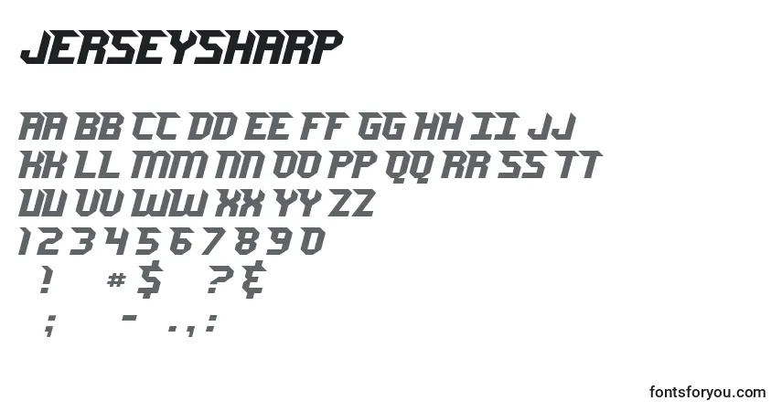 Czcionka JerseySharp – alfabet, cyfry, specjalne znaki